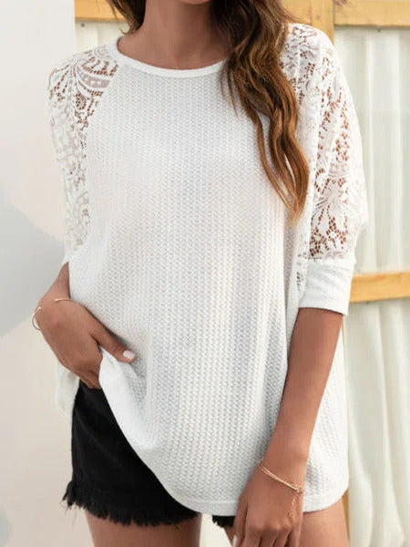 White Casual Graphic Tops Long Sleeve Round Neck Lace Sweater