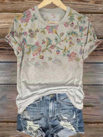 Vintage Floral Print Round Neck Short Sleeve T-Shirt
