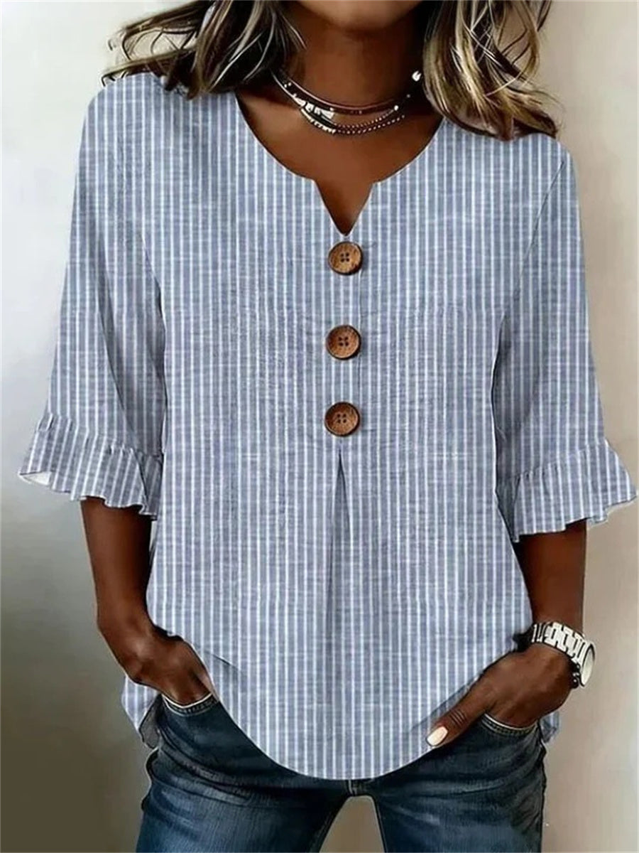Casual Striped V-neck 3/4 Sleeve Blouse
