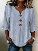 Casual Striped V-neck 3/4 Sleeve Blouse