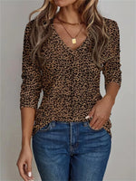 Casual Leopard Print V Neck Long Sleeve T-shirt