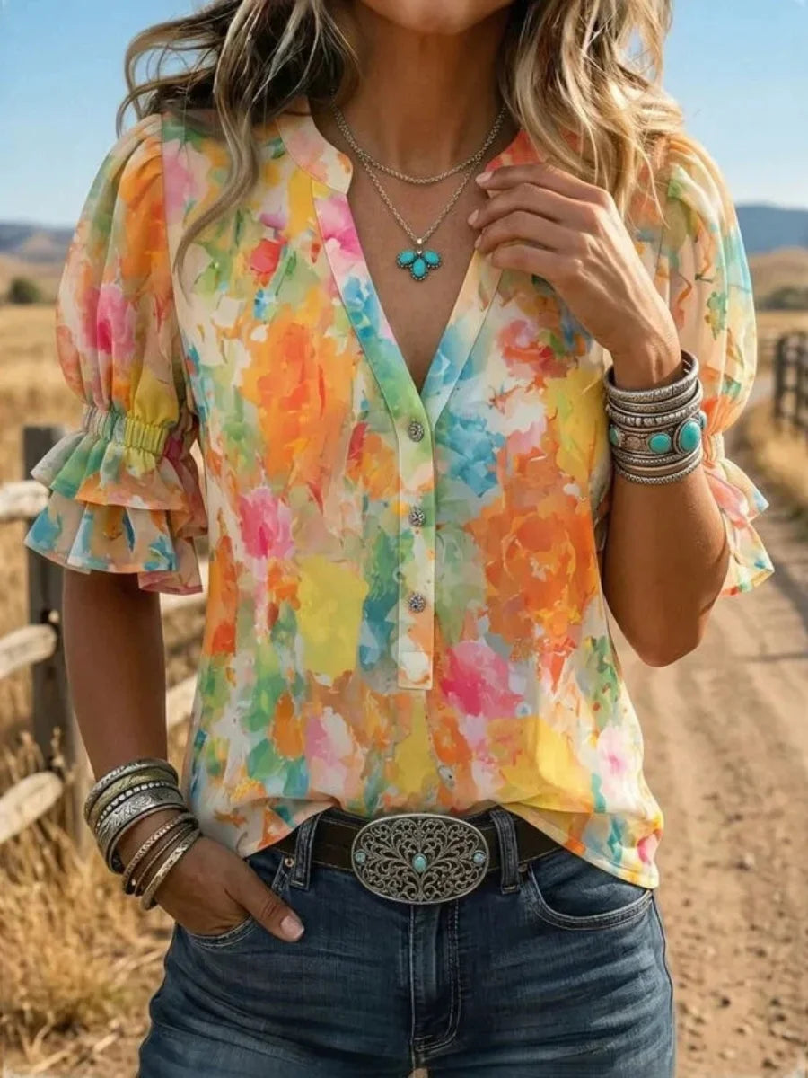 Colourful Casual V-neck Half Sleeve Blouse