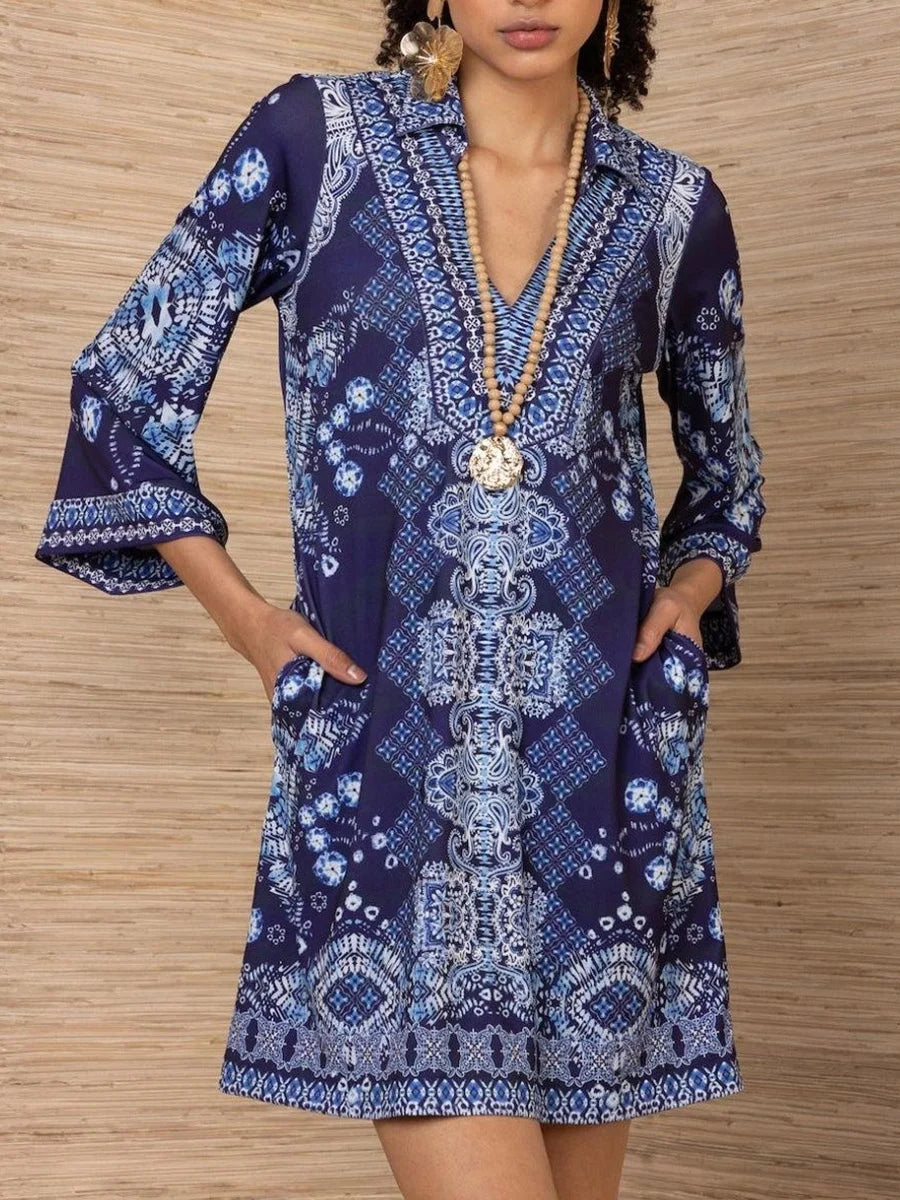 Fresh Blue Printed V-Neck Long Sleeve Mini Dress