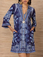 Fresh Blue Printed V-Neck Long Sleeve Mini Dress