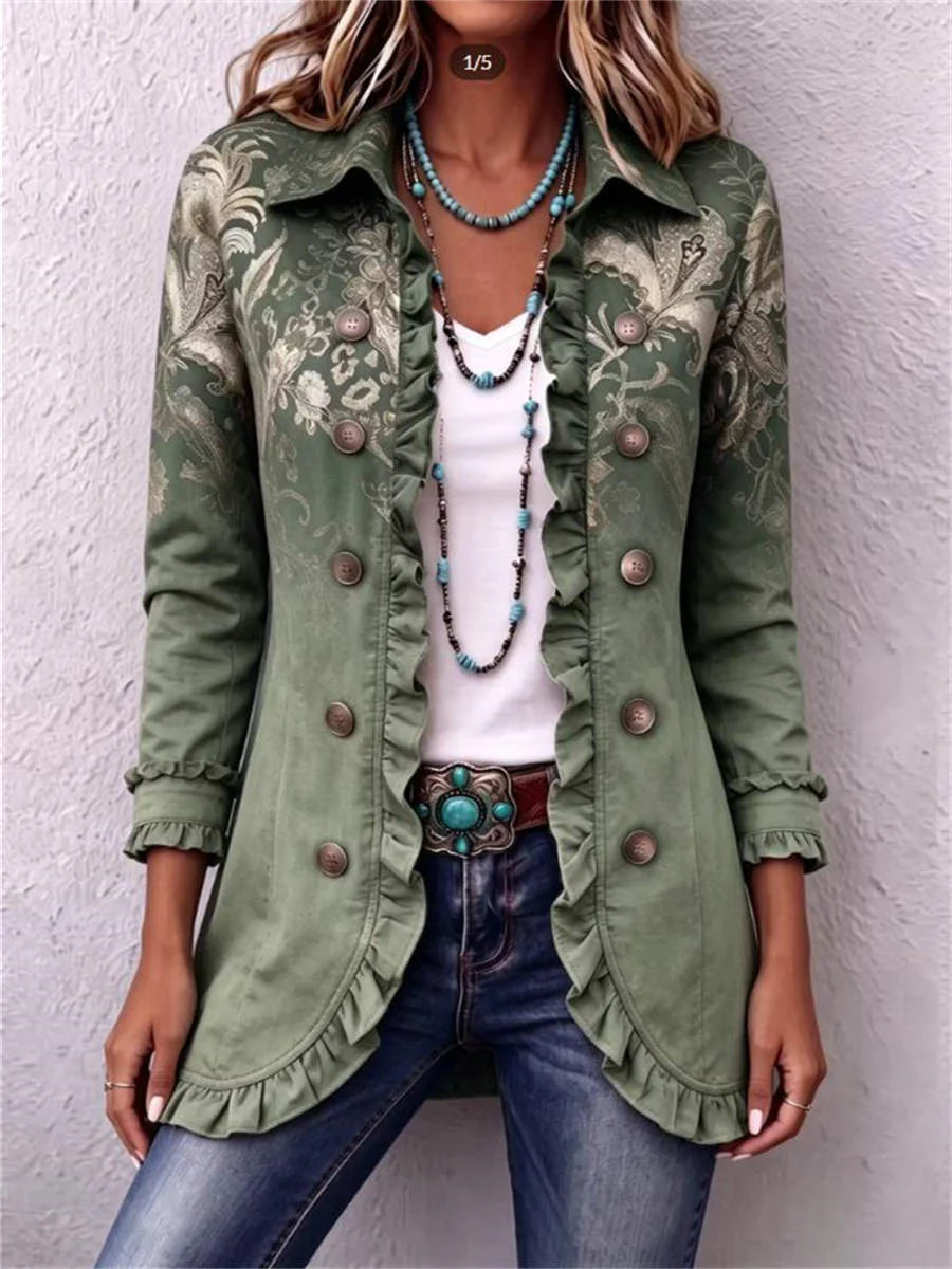 Bohemian Gold Floral Print Ruffle Long Sleeve Jacket