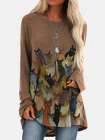 Cartoon Cat Print O-neck Long Casual T-shirt