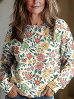 Women's Vintage Floral Art Print Round Neck Long Sleeve Pullover Sweater
