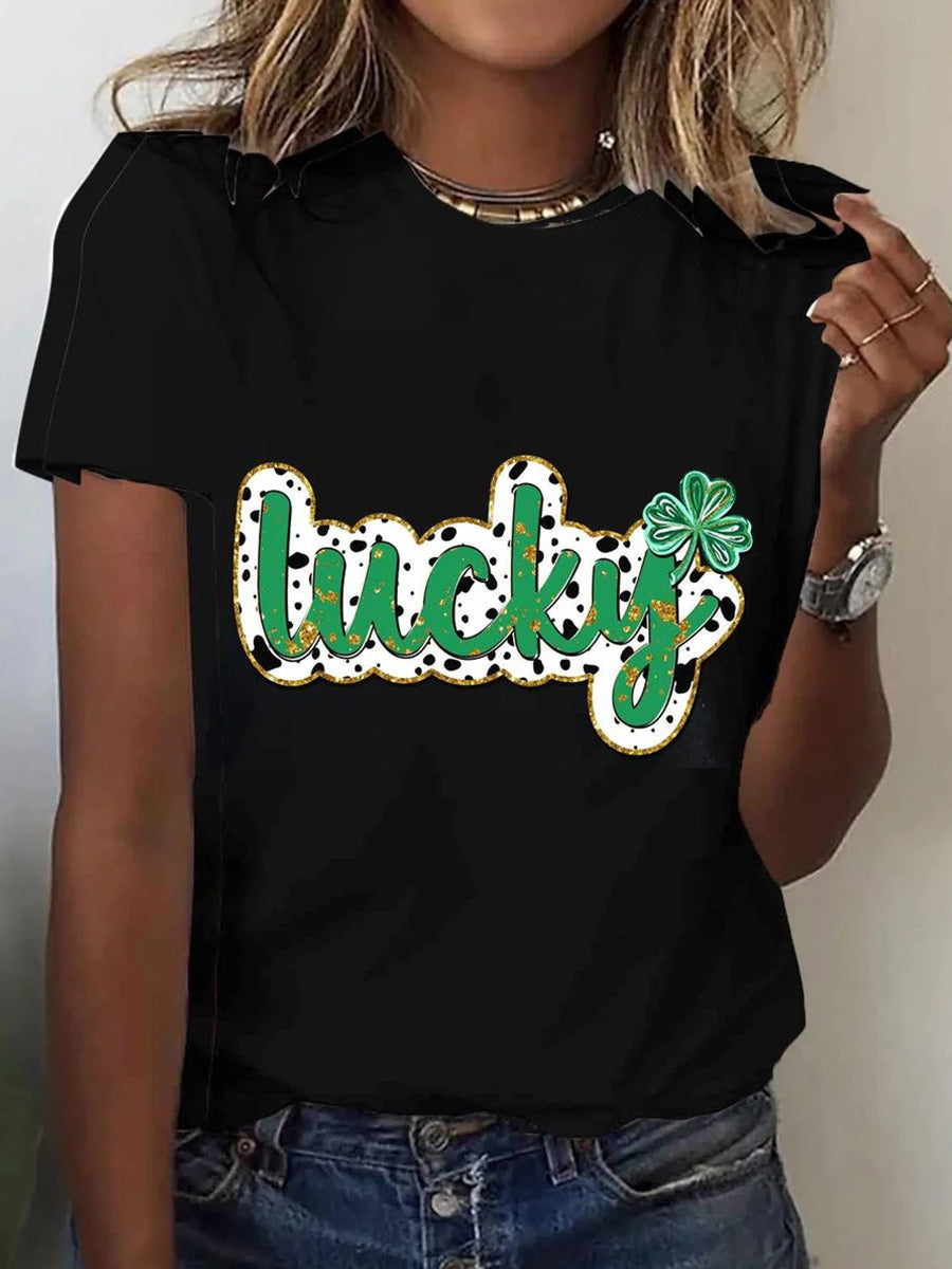 Lucky Print Round Neck Short Sleeve Black T-shirt