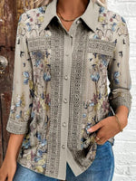 Women's Floral Pattern Shirt Collar Three Quarter Sleeve Loose Regular Shirt