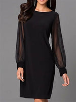 Solid Color Round Neck Long Sleeve Black Dress