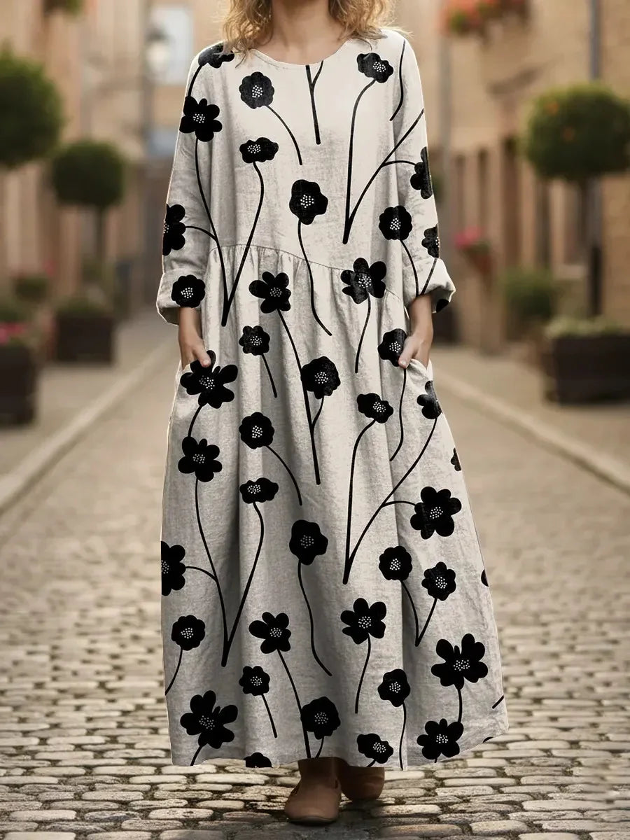 Women's Floral Print Pocket Round Neck Long Sleeve Dress