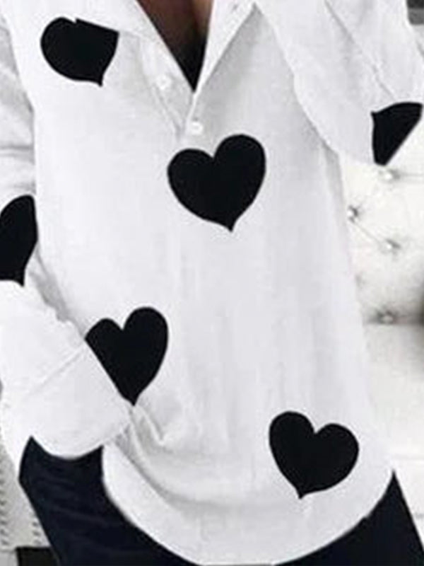 White Casual Graphic Tops V-neck Long Sleeve Heart Printed Sweatshirt