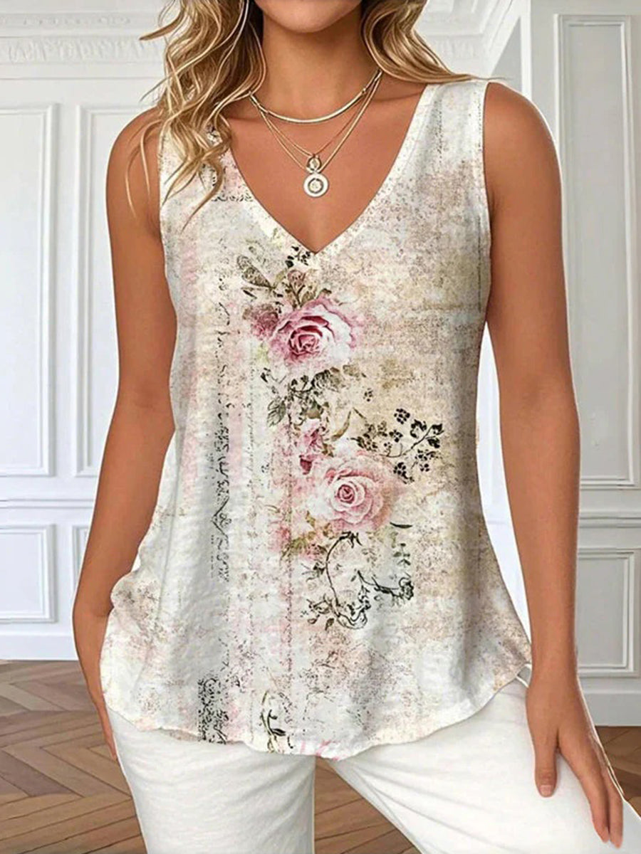 Vintage Floral Print V-neck Sleeveless Tank Top