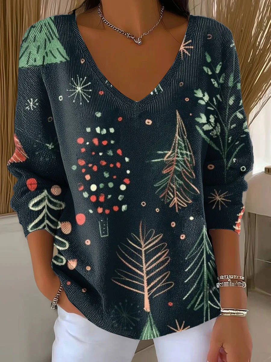 Women's Christmas Tree Print Casual V-neck Long Sleeve Pullover Sweater