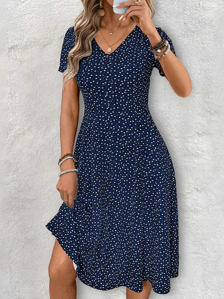Navy Short Sleeve V-Neck Midi Dress