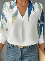 White Watercolor Leaf Print V-Neck 3/4 Sleeve Blouse