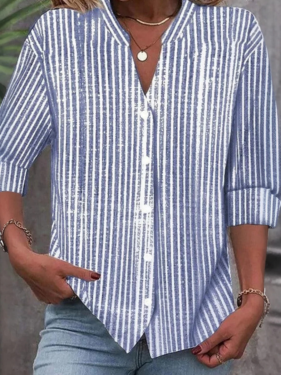 Breezy V-Neck Striped Print 3/4 Sleeve Shirt