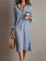 Blue Stripe Roll Sleeve Pocket Split Shirt Midi Dress