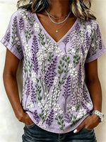 Vintage Floral Print V-neck Short Sleeve Blouse