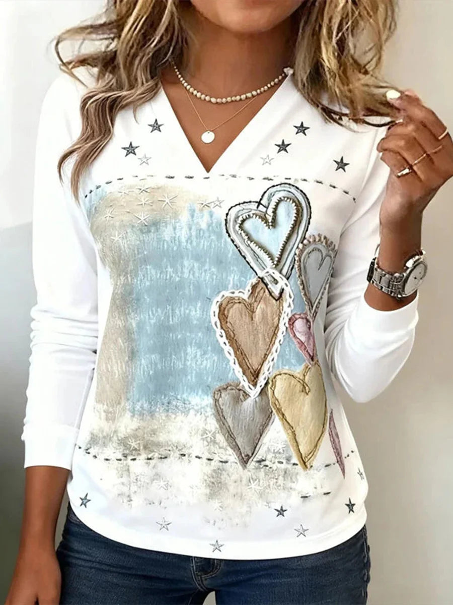 Casual Heart Print V-neck Long Sleeve T-Shirt