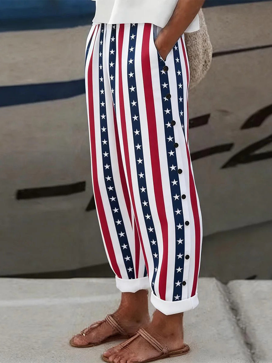 Patriotic Stripe and Star Print Wide-Leg Pants