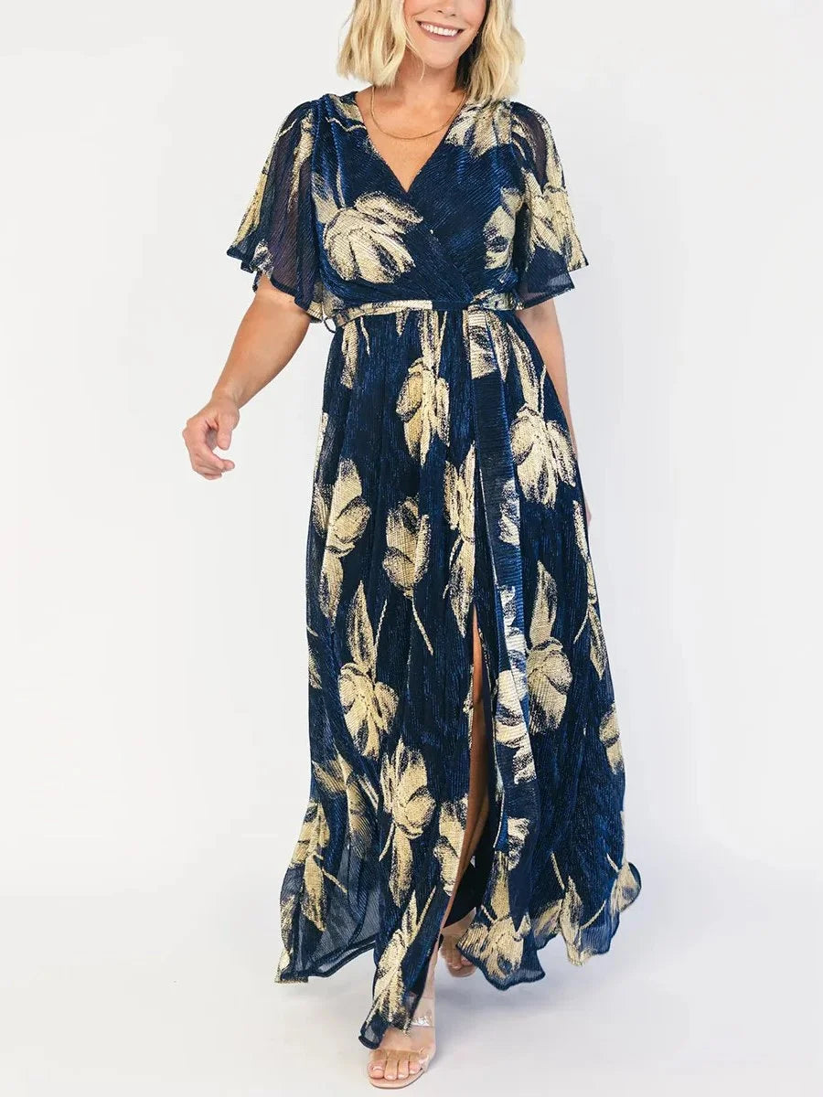 Navy Gold Metallic Leaf Wrap V Neck Short Sleeve Slit Chiffon Maxi Dress