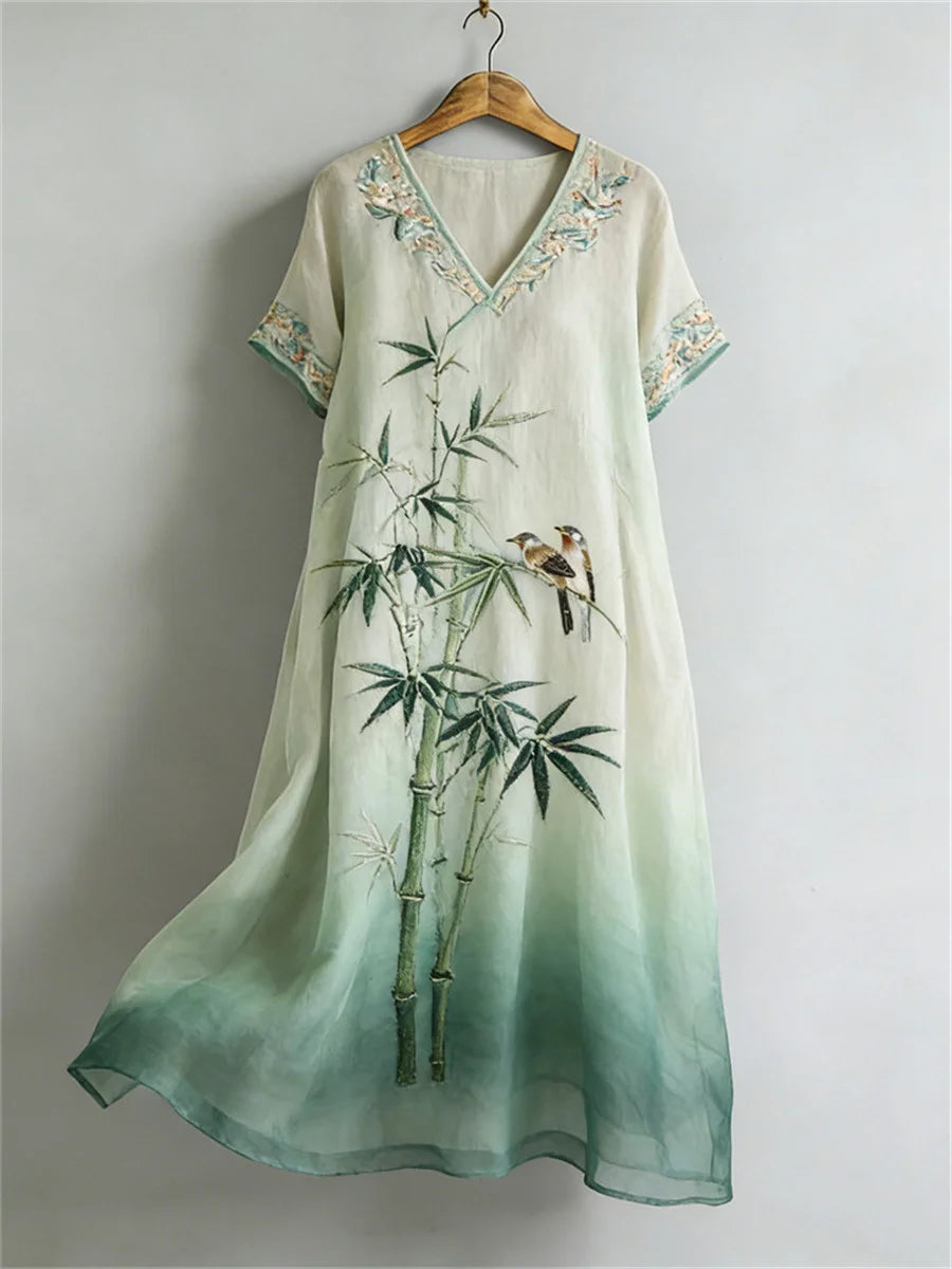 Bamboo Floral Print V-neck Short Sleeve Maxi Dress