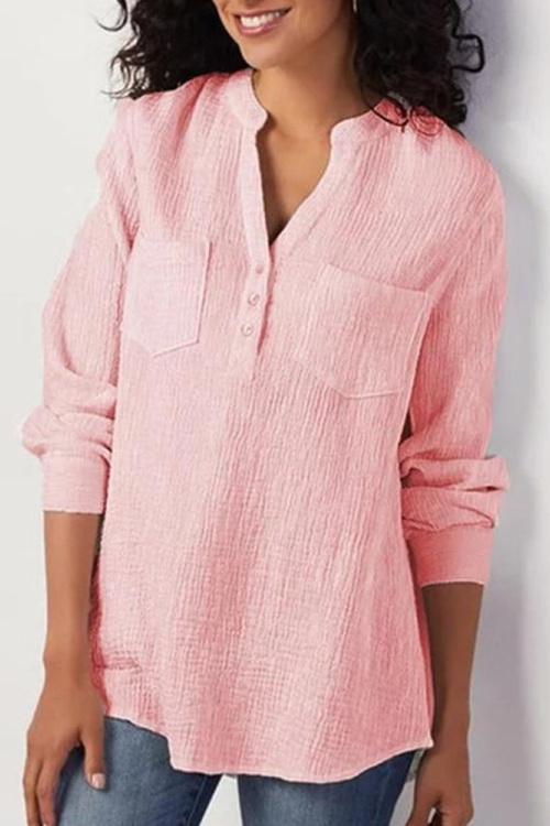 Solid Color Long Sleeve V-neck Loose Button Shirt