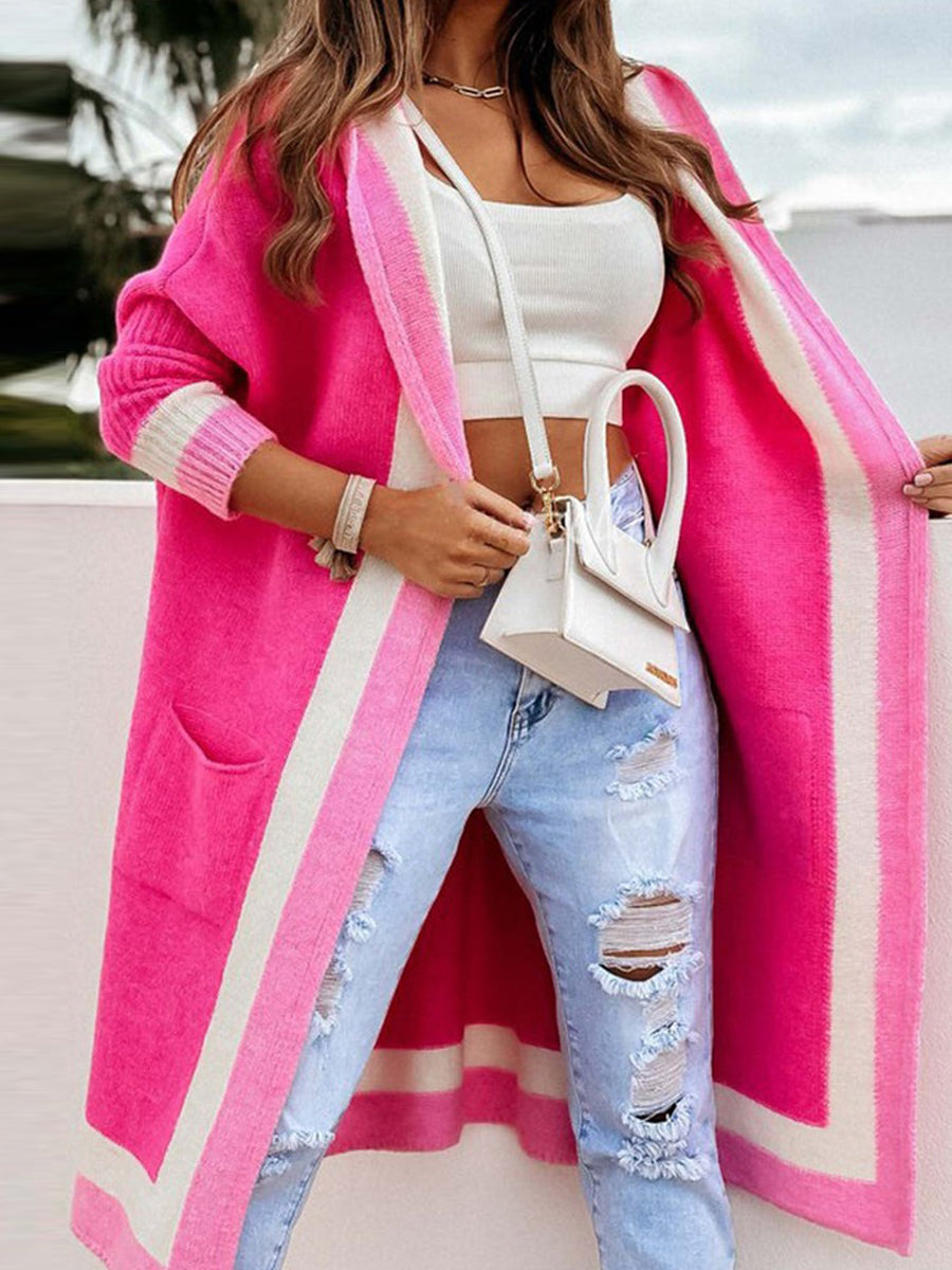 Contrast Hoodie Open Front Long Cardigan
