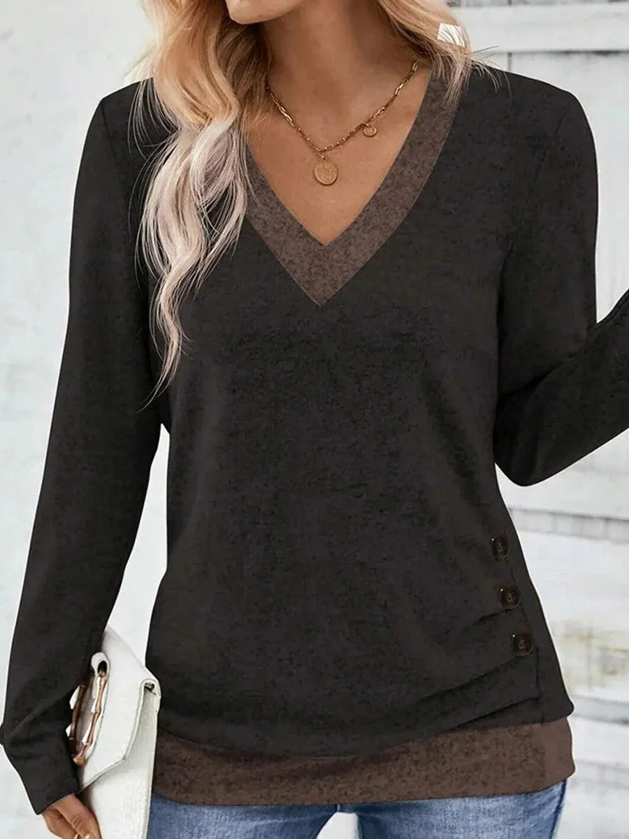 Chic Black Color Block V-Neck Long Sleeve Top