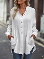 White Casual Solid Blouse with Pockets