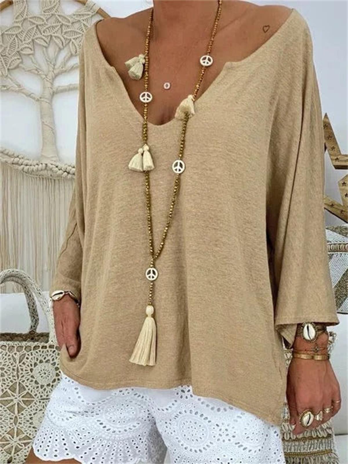 Khaki Casual V-neck Solid Long Sleeve Blouse