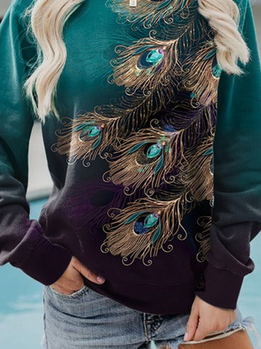 Feather Print Casual Crew Neck Sweatshirt