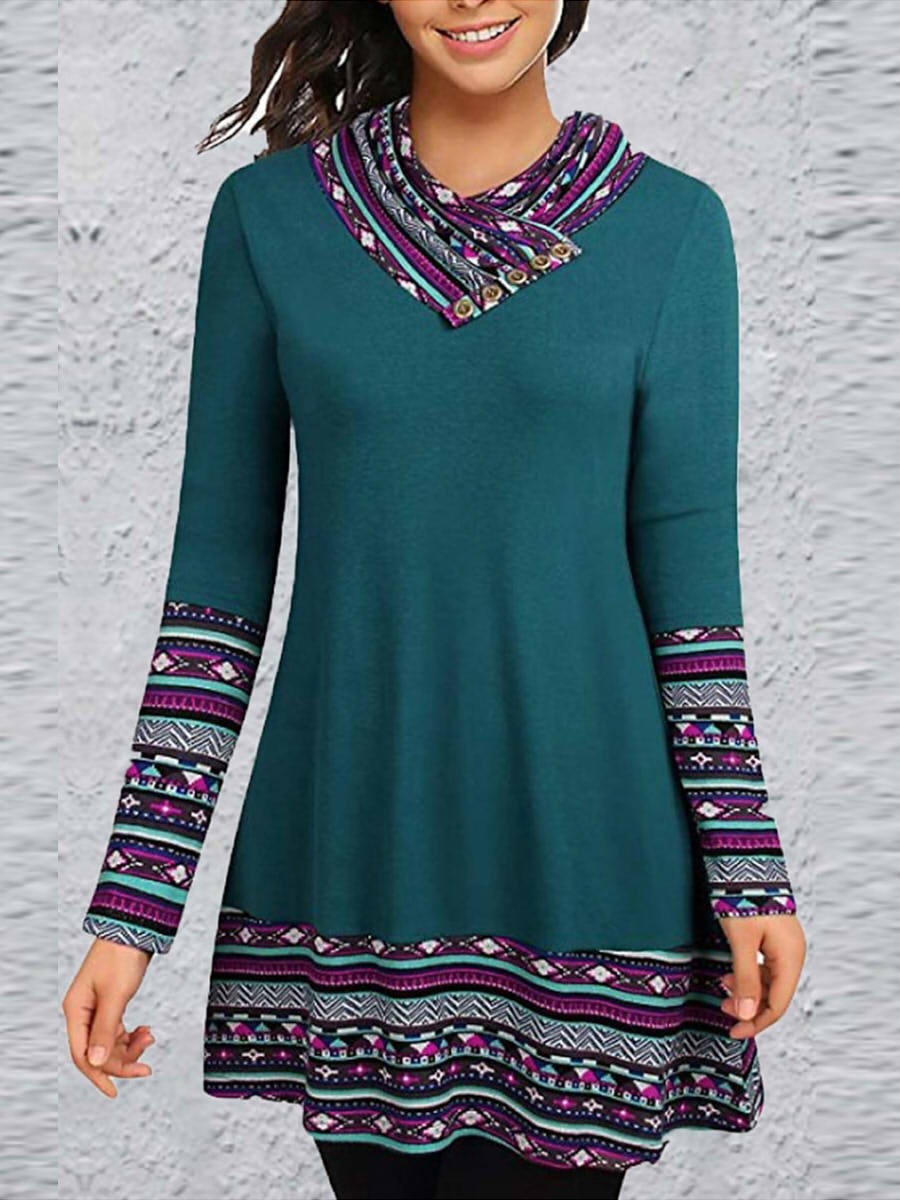 Turtleneck Long Sleeve Stripe Patchwork Button Mini Dress