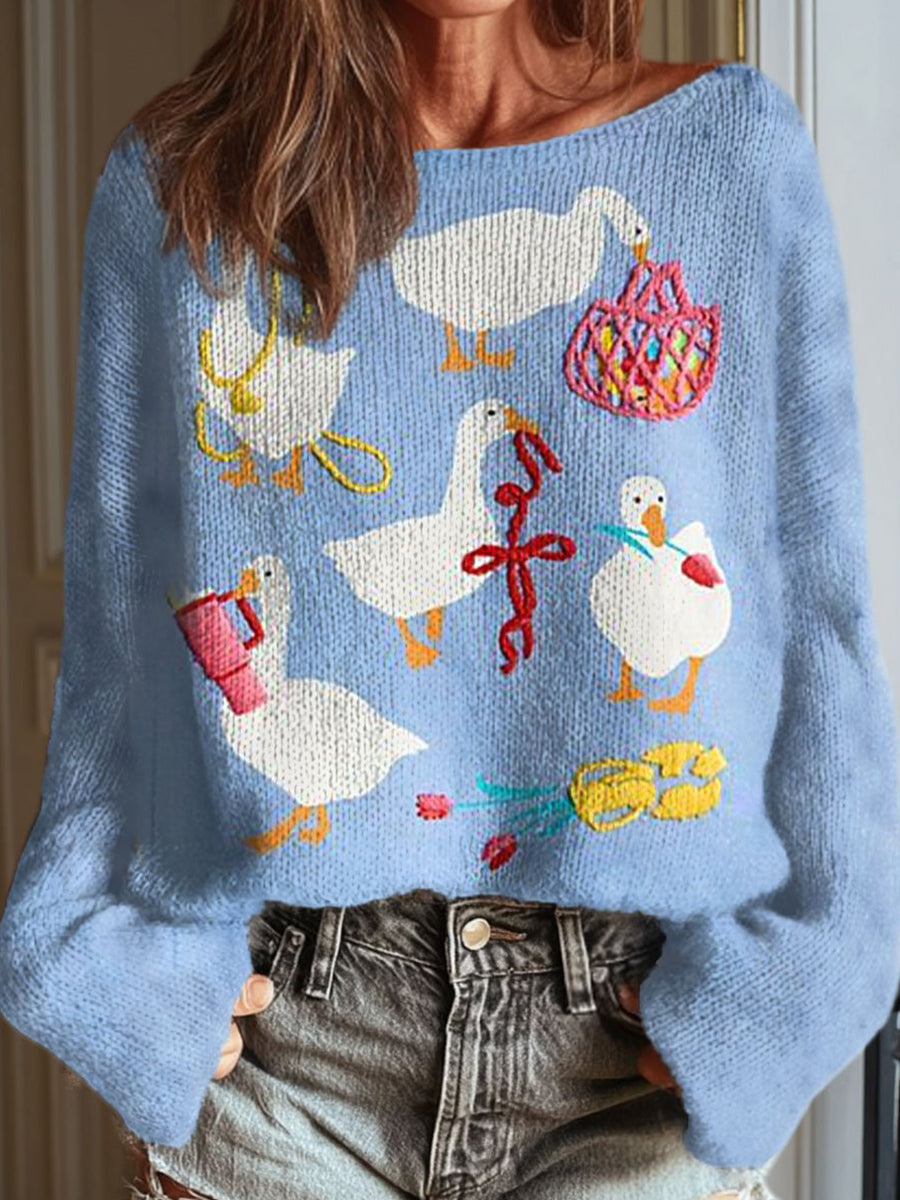 Women's Funny Goose Art Print Casual Round Neck Long Sleeve Pullover Sweater