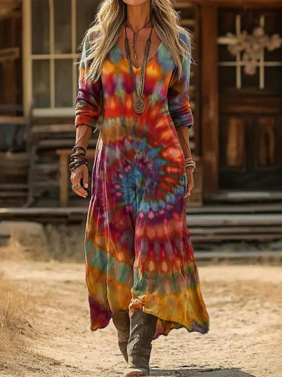 Vintage Colourful V-neck Long Sleeve Dress