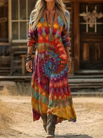 Vintage Colourful V-neck Long Sleeve Dress