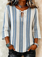 Boho Blue Neutral Stripe Tie V-Neck 3/4 Sleeve Top