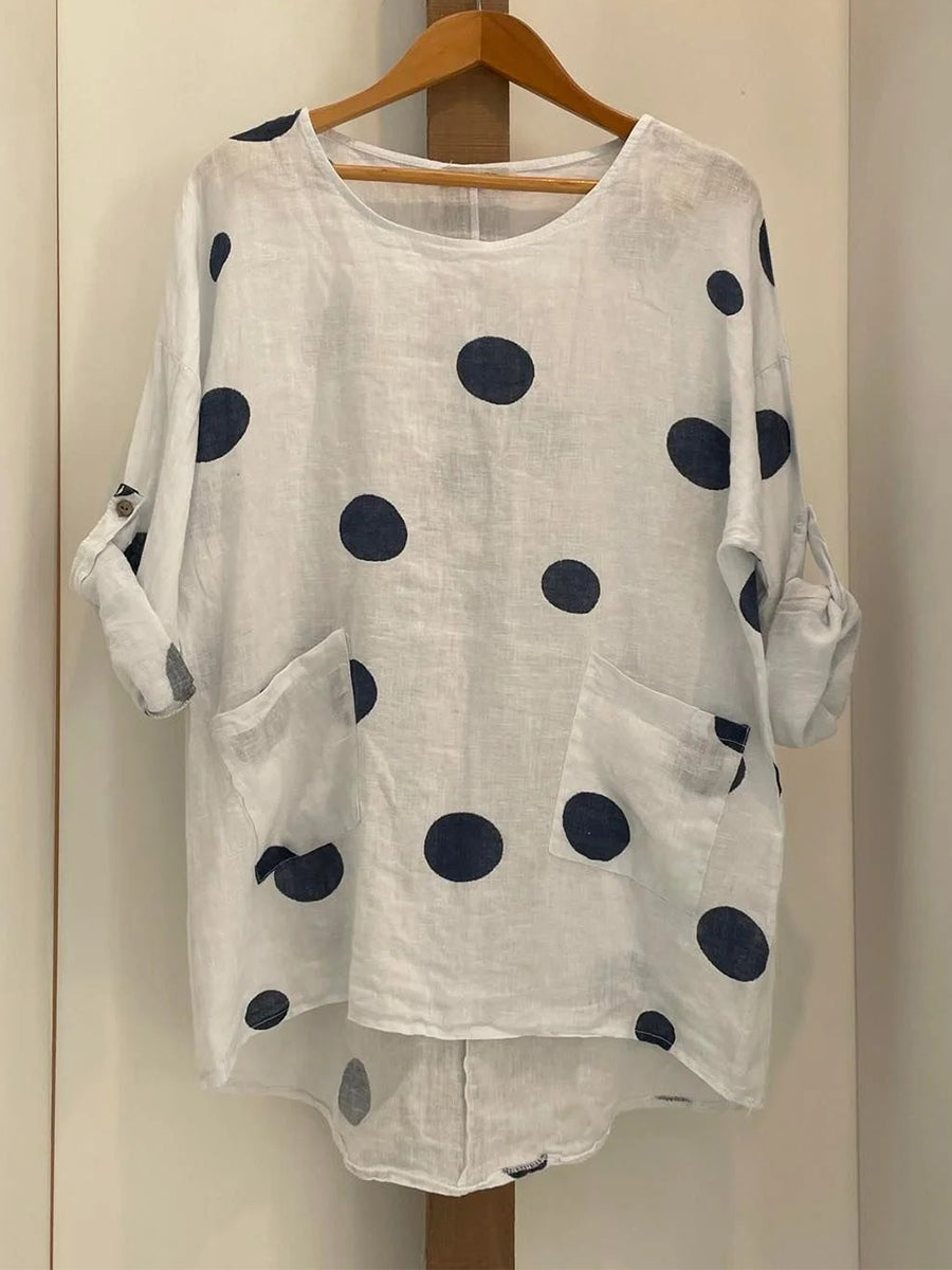 Plus Size Polka Dot Print White Crew Neck Blouse
