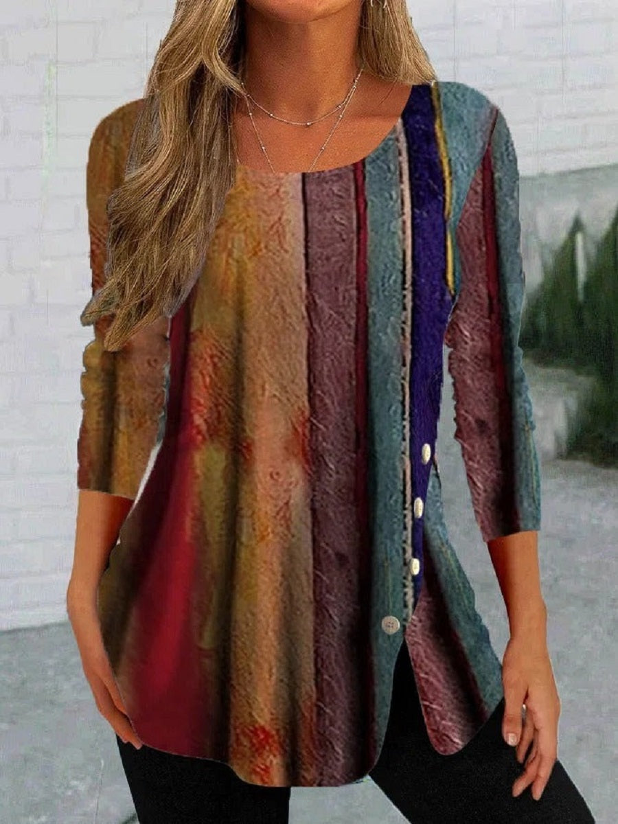 Multicolor Casual Round Neck Stripe Long Sleeve Blouse