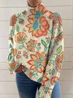 Women's Vintage Ethnic Art Flower Print Long Sleeve Pullover Sweater