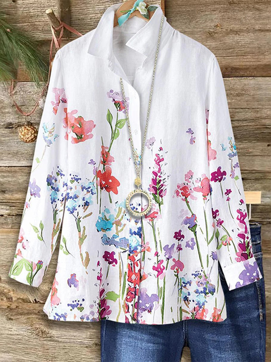 Romantic Floral Print Lapel Long Sleeve Shirt