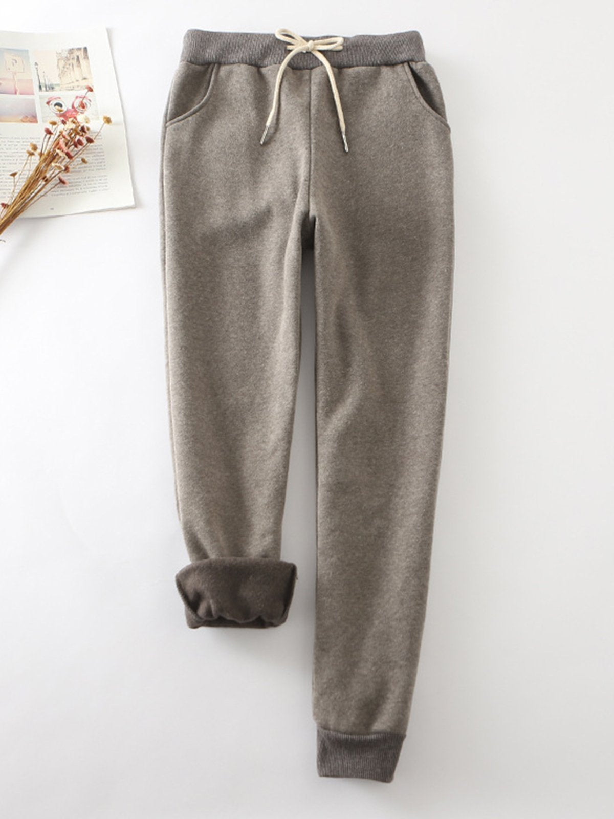 Casual Elastic Solid Casual Warm Pants