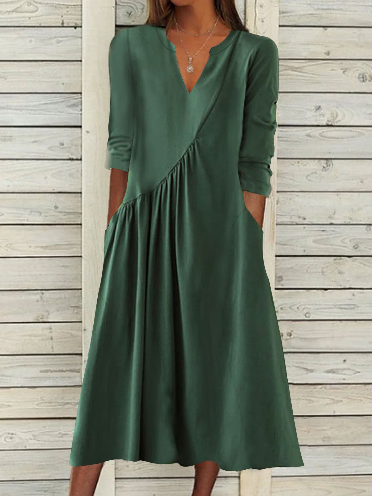 Green Casual V Neck Solid Half Sleeve Dresses
