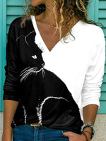 Black-white Casual Graphic Tops V-neck Long Sleeve Black Cat Printed Blouse