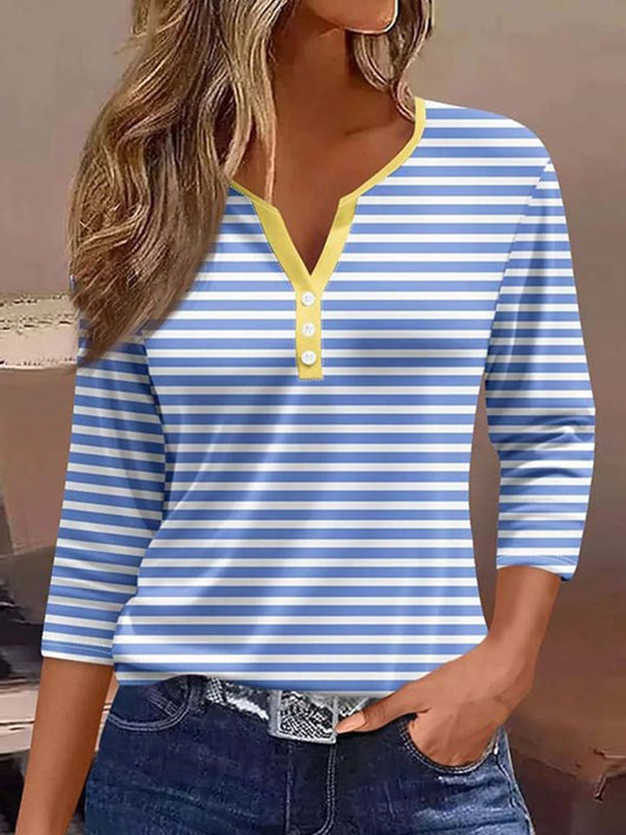 Casual Blue Striped V Neck Blouse