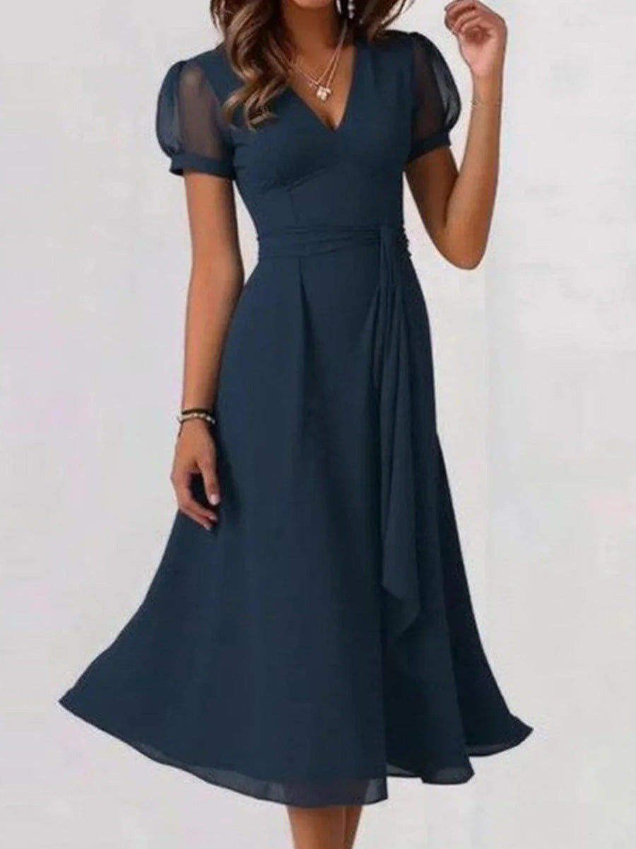 Blue Plain V-neck Short Sleeve Midi Dress