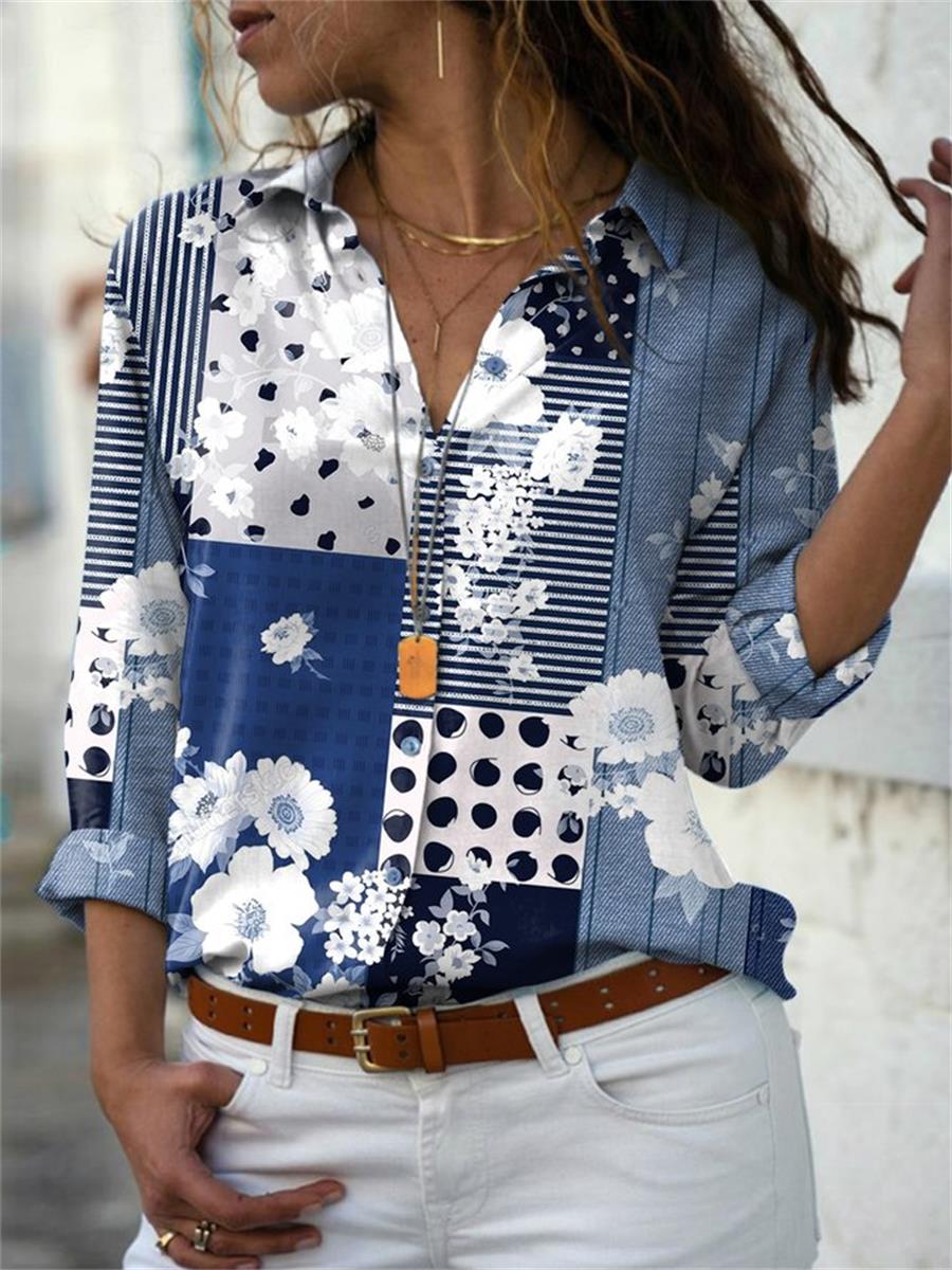 MulticolorCasual Graphic Tops Collared Floral Printed Long Sleeve Blouse
