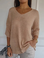 Women's Casual V-Neck 3/4 Sleeve Loose Knit Top