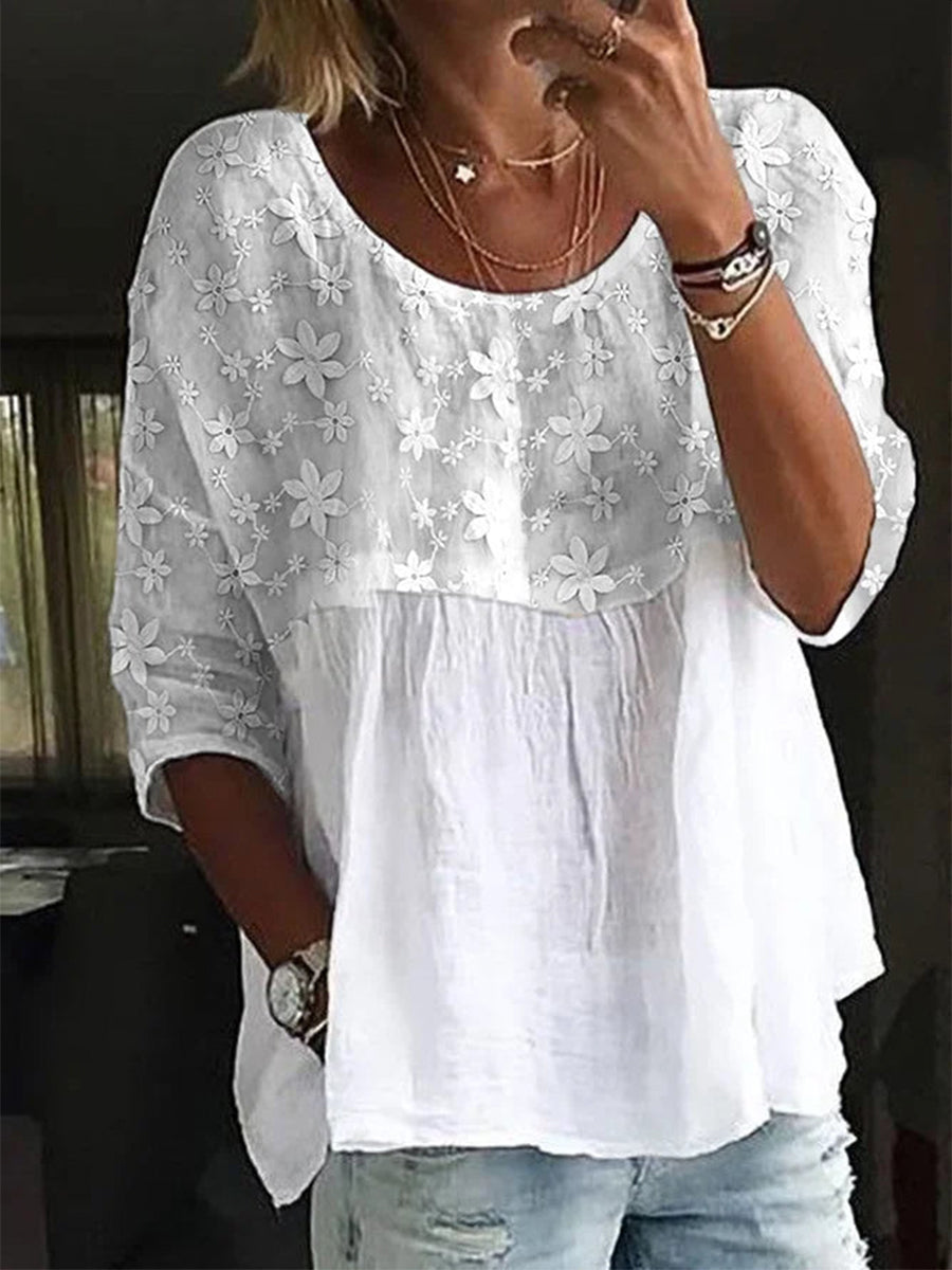 Women's White Floral Embroidered Patchwork Loose Blouse